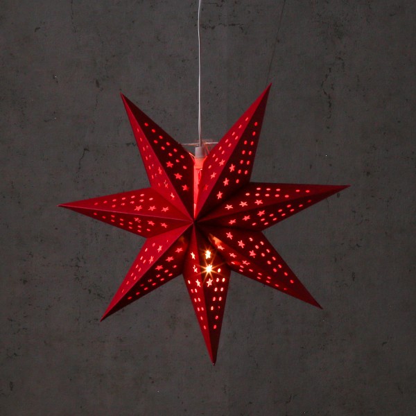 LED Papierstern mit perforiertem Sternenmuster - hängend - 7-zackig - D: 35cm - Batterie - rot