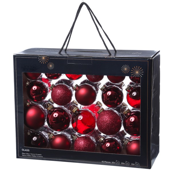 Christbaumkugel - Weihnachtsbaumkugel - Glas - glänzend, matt, glitzernd - rot - 42 Stück