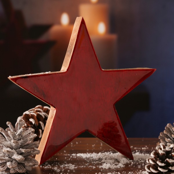 Holzstern - Weihnachtsstern - stehend - einseitig emailliert - Mangoholz - H: 27cm - natur, rot