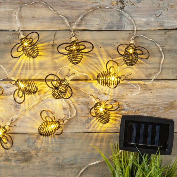 LED Solar Lichterkette Bienen - 10 warmweiße LED - 2 Leuchtfunktionen - L: 1,8m - für Außen