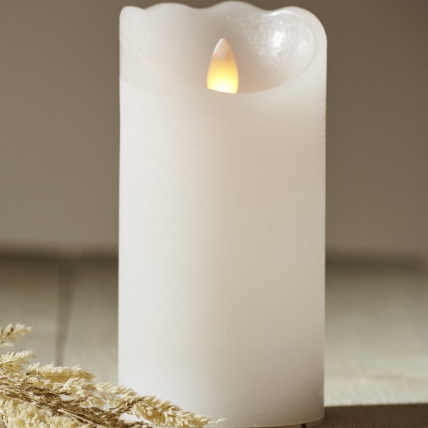 LED Kerze "Glow" - Echtwachs - warmweiße flackernde LED - Timer - H: 15cm, D: 7,5cm - weiß