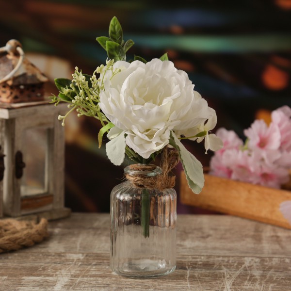 Kunstblumenstrauß in Mini Glasvase - Pfingstrose und Hortensie in Blumenvase - H: 20cm - weiß