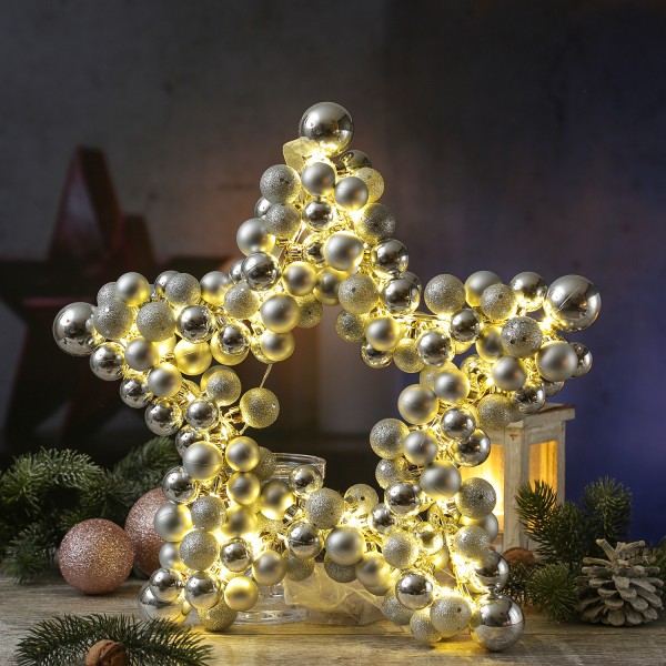Weihnachtsstern mit Christbaumkugeln und LED Lichterkette - D: 40cm - Timer - silber