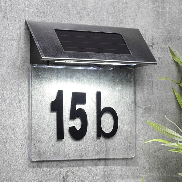 Solar Hausnummer Edelstahl/Acryl "CLEAR" - inkl Buchstaben und Zahlen - weiße LEDs - 19x18,5x5cm
