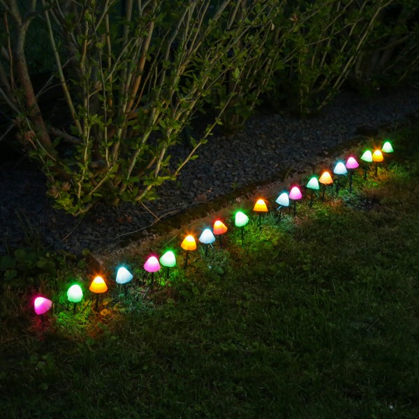 LED Lichterkette Mini Pilze - 20 Gartenstecker mit Erdspießen - 8 Funkt. - Timer - L: 3,8m - bunt