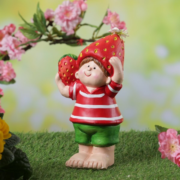 Dekofigur Erdbeerjunge Fritz - niedliche Gartenfigur mit Erdbeere - Keramik - H: 18,5cm - rot
