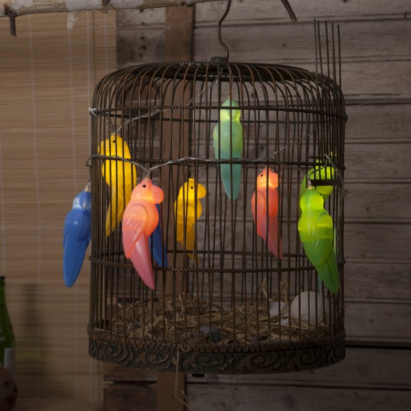 LED Lichterkette "Birdy" - 10 bunte Papageien - warmweiße LED - L: 1,35m - Batterie - Timer