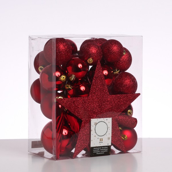Christbaumkugel - Weihnachtsbaumkugel - bruchfest - glänzend matt glitzernd - rot - 33er Set