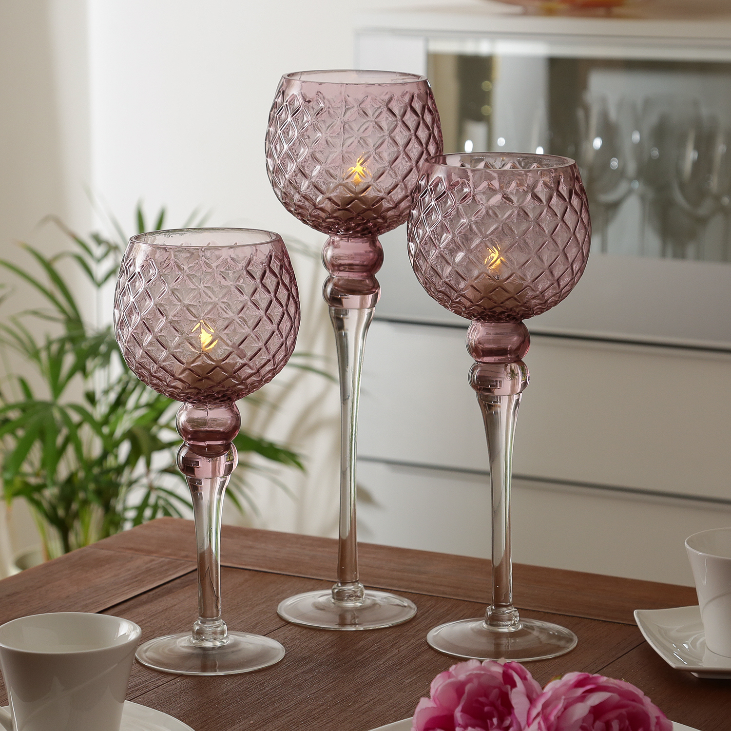 Kerzenhalter Kelch - Glas - Experte - Set 30,5cm/34,5cm/40cm 3er - rosa Lichterketten - | Windlicht H