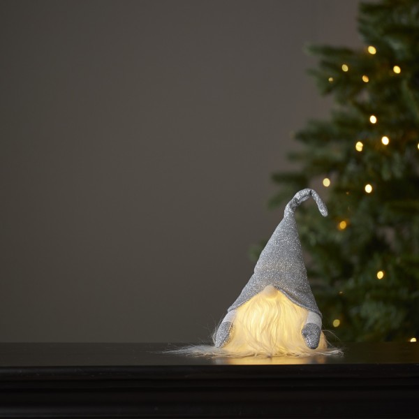 LED Stoff Wichtel mit Mütze - Weihnachtsmann - 1 warmweiße LED - H: 28cm - inkl. Batterie - grau