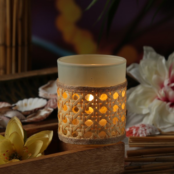 Teelichthalter mit Bambusgeflecht - Windlicht - Teelichtglas - H: 8,3cm - D: 7cm - mint