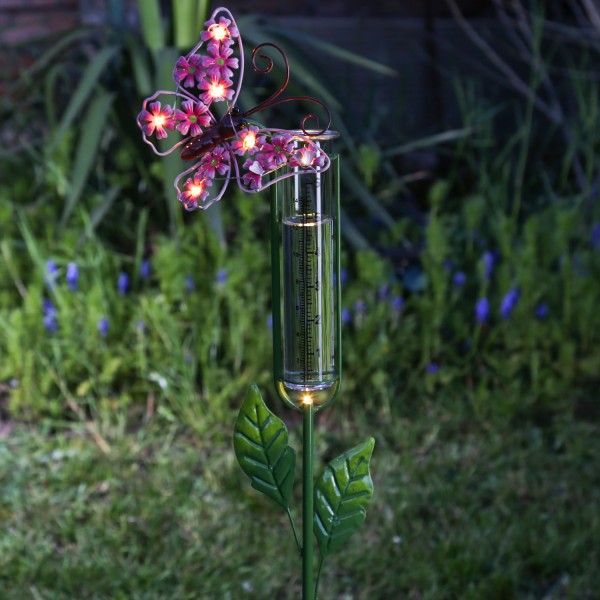 LED Solar Regenmesser Schmetterling - Gartenstecker - H: 98cm - Lichtsensor - rosa, grün