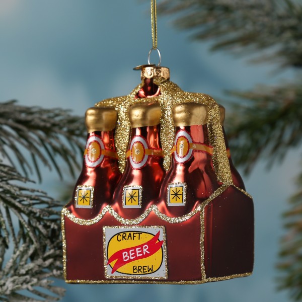 Weihnachtsbaumschmuck SIXPACK Craftbeer - Glas - Christbaumschmuck - H: 11,7cm - braun, gold