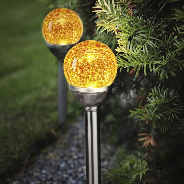 LED Solarkugel/Gartenspieß Bruchglas Optik - H: 26,5cm - Dämmerungssensor - gelb - 2er Set