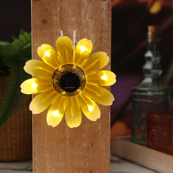 LED Solar Blume - hängend - Metall - 6 warmweiße LED - H: 14cm - Lichtsensor - gelb