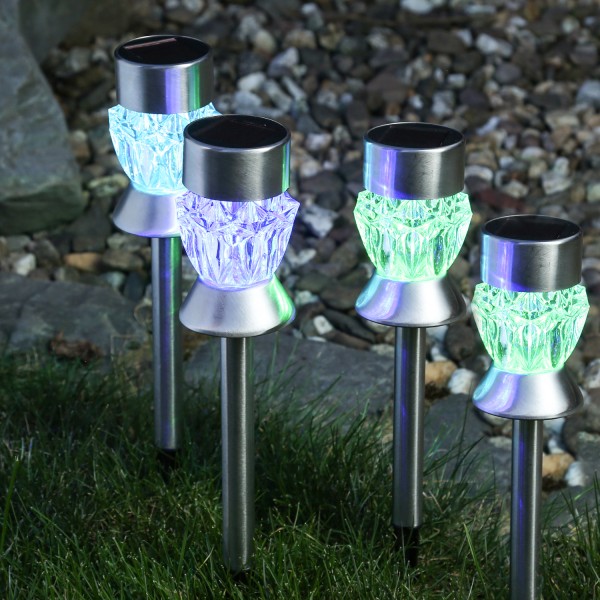 LED Solar Wegleuchten KRISTALL - Gartenleuchte - farbwechselnde LED - H: 34cm - silber - 4er Set