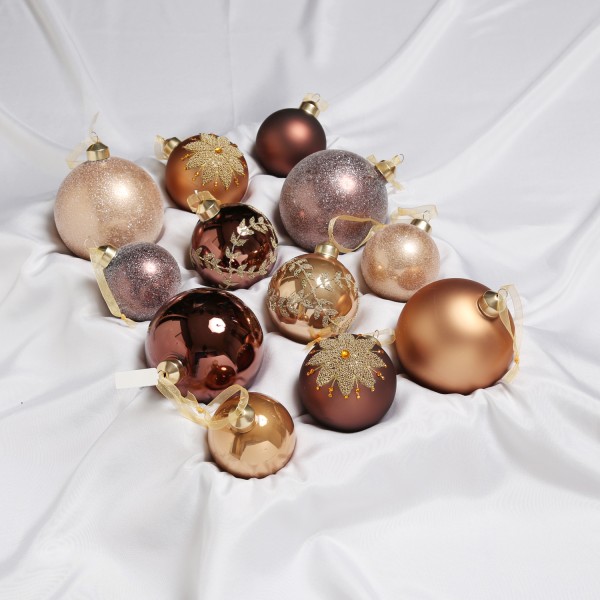 Christbaumkugel - Weihnachtsbaumkugel - Glas - 3 Größen - glänzend matt glitzernd - braun - 12er Set