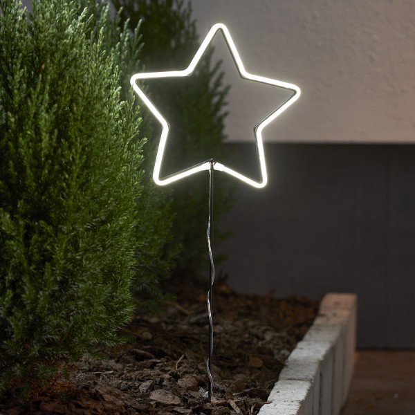 LED Neon Gartenstecker Stern - 72 weiße LED - H: 58cm - 8 Funkt. - Timer - Batterie - für Außen
