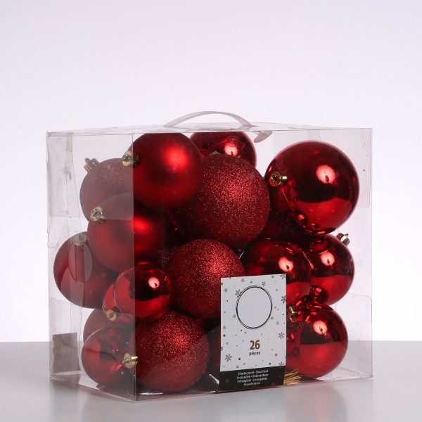 Christbaumkugel - Weihnachtsbaumkugel - bruchfest - glänzend, matt und glitzernd - rot - 26er Set