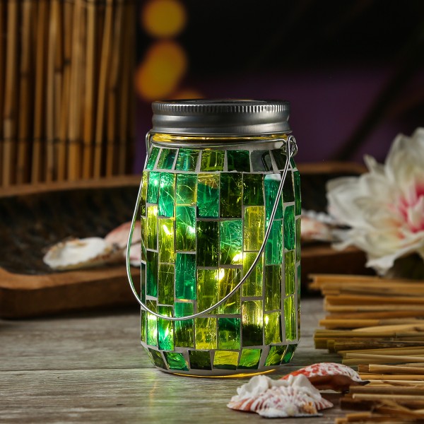 LED Solar Glas - Einmachglas mit Mosaiksteinchen - mit Henkel - H: 13,5cm - Lichtsensor - grün