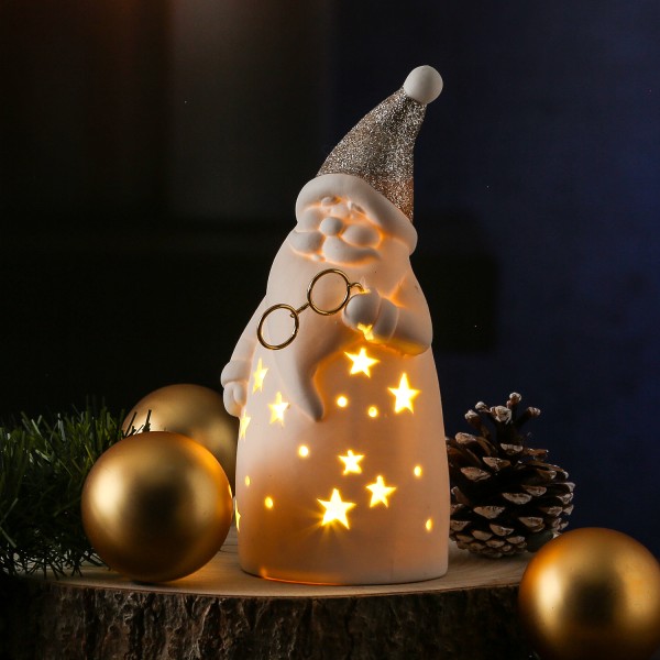 LED Weihnachtsmann - Dekofigur - Brille und gold glitzernde Mütze - H: 19,5cm - Batterie - weiß
