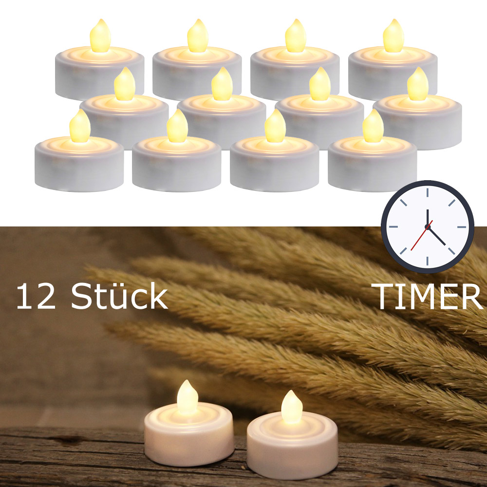 12er/set LED Kerzen Teelichter mit Timerfunktion Flame LED Lichter Warmweiß Deko