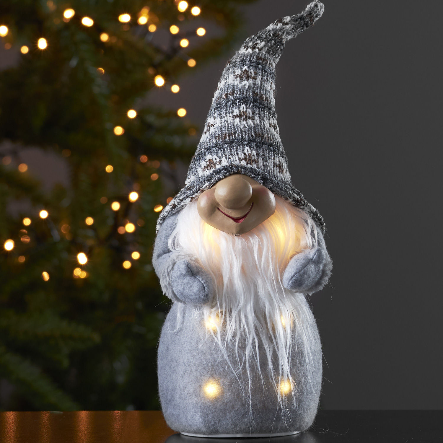 Wichtel mit LED 6 - warmweiße Weihnachtsmann Batterie Mütze | - 40cm H: - Stoff Experte - LED grau Lichterketten -