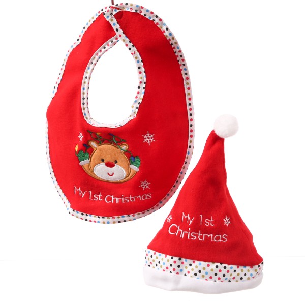 Baby Weihnachts-Geschenkset 1st CHRISTMAS - Mütze u. Lätzchen mit Rentierkopf - Polyester - rot/weiß