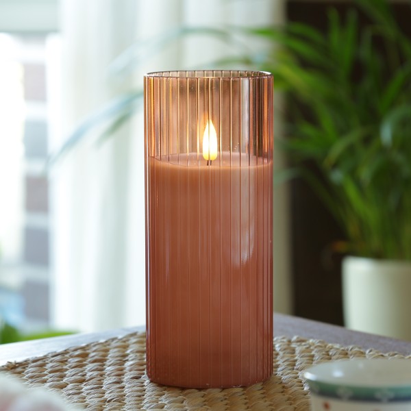 LED Kerze im Glas - Windlicht - Echtwachs - 3D Flamme - Timer - H: 17,5cm - D: 7,5cm - rosa