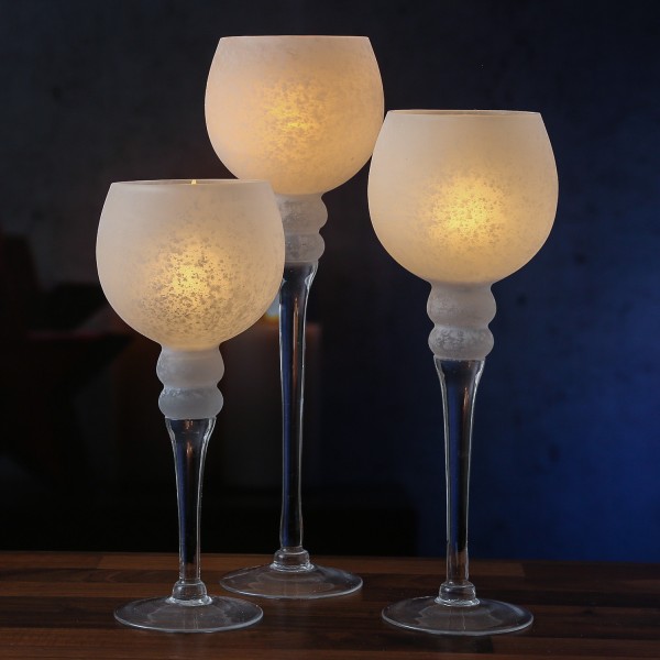 Kerzenhalter Kelch FROST - Windlicht - Glas - 3 Höhen - gefrostet und weiß satiniert - 3er Set