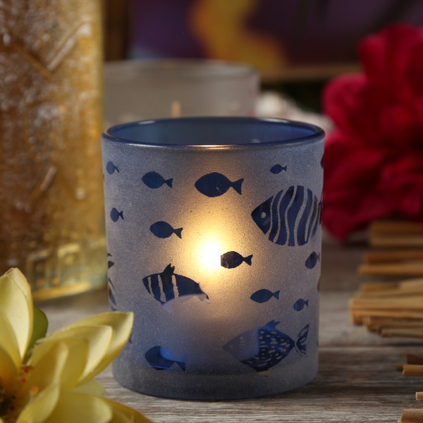 Teelichthalter Fische - Teelichtglas - Windlicht - satiniertes Glas - H: 9cm - D: 8cm - dunkelblau