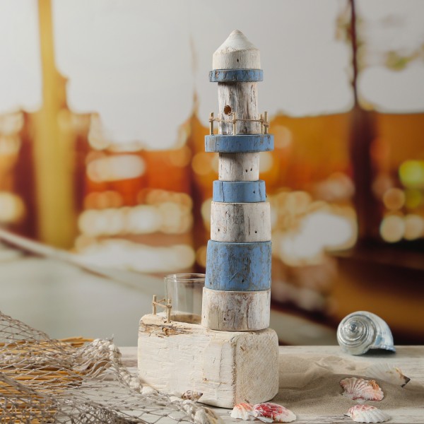 Teelichthalter Leuchtturm - Windlicht - Maritim - Holz - H: 39,5cm - weiß/blau