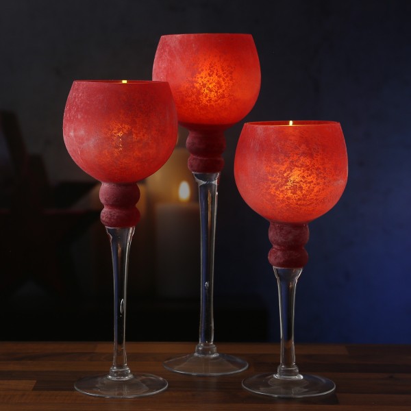 Kerzenhalter Kelch FROST - Windlicht - Glas - 3 Höhen - gefrostet und rot satiniert - 3er Set