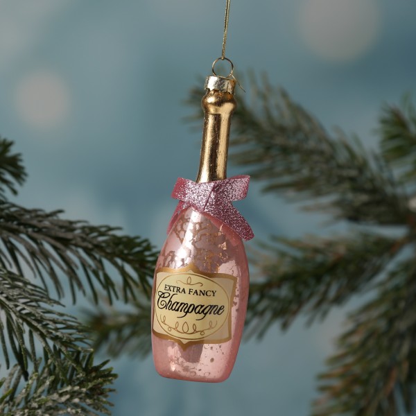 Weihnachtsbaumschmuck CHAMPANGER Flasche - Glas - inkl. Aufhänger - H: 13,5cm - rosa
