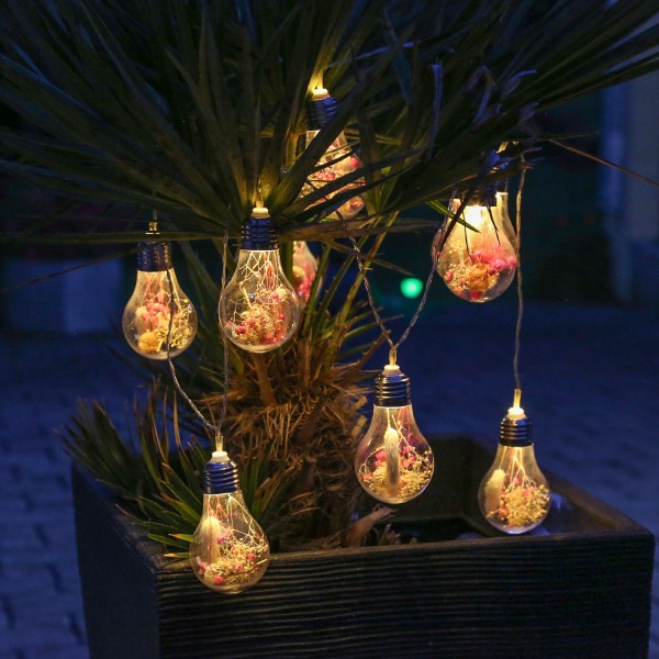 LED Lichterkette - 10 Glühbirnen mit Trockenblumen - L: 1,8m - Batterieriebetrieb - für Außen
