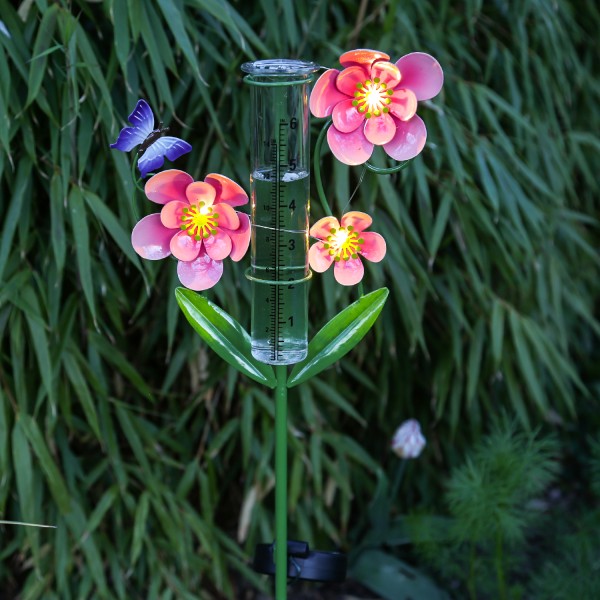 LED Solar Regenmesser mit Blumen und Marienkäfer - Gartenstecker - H: 81cm - Lichtsensor - gelb