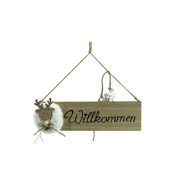 Willkommensschild Rentier mit kleinen Glocken - Türschild - Holz - hängend - L: 28cm - natur, weiß