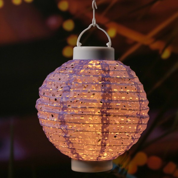 LED Solar Lampion - mit Muster - warmweiße LED - H: 23cm - D: 20cm - Lichtsensor - lila