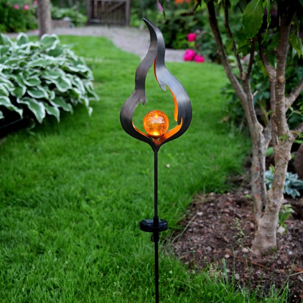 LED Solarstab "Feuer"- schwarz - amber LED - Glaskugel in Flamme - H: 85cm - Dämmerungssensor