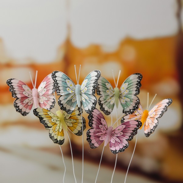 Deko Schmetterlinge - aus Federn - am Draht - H: 6,5cm - gelb, orange, grün, pink, lila, blau - 6St.