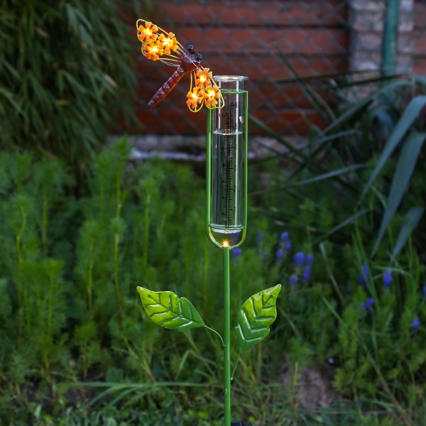 LED Solar Regenmesser Libelle - Gartenstecker - H: 98cm - Lichtsensor - gelb, grün
