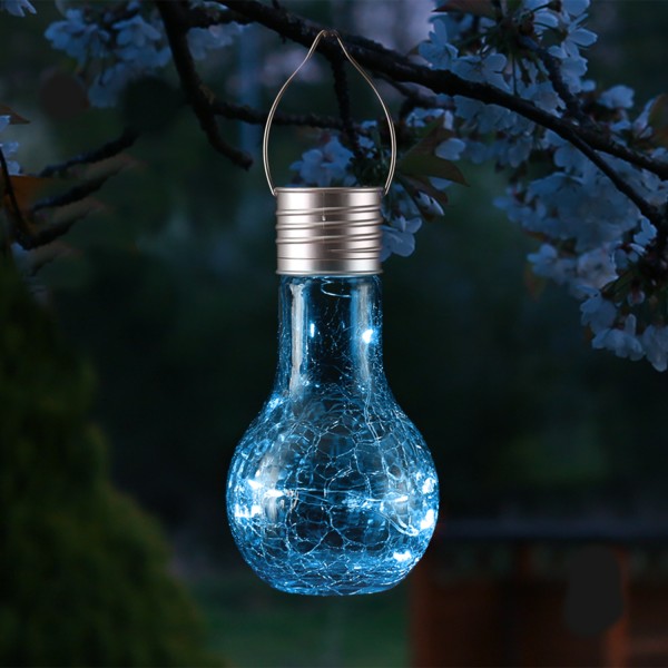 LED Solar Glühbirne CRACKLE GLOW - warmweiße LED Drahtlichterkette - H: 17cm - Lichtsensor - blau