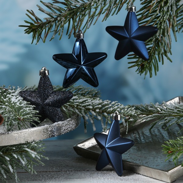 Christbaumschmuck STERN - Weihnachtsschmuck - bruchfest - glänzend matt glitzernd - dunkelblau - 6St