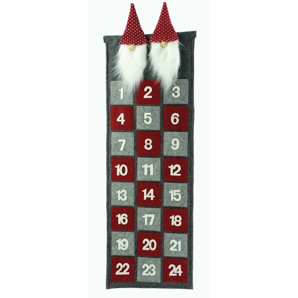 Adventskalender WICHTEL - zum Aufhängen und Befüllen - Filz - L: 81cm - grau, rot, weiß