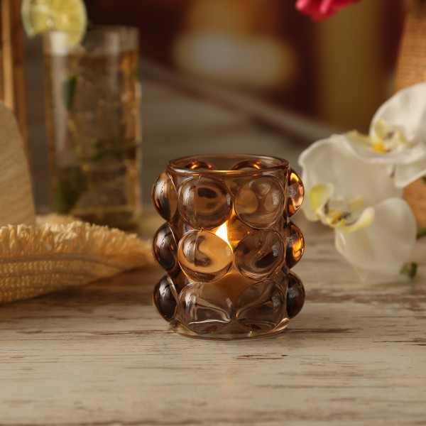 Teelichthalter BUBBLE - Windlicht - Glas - H: 9cm - D: 9,5cm - braun