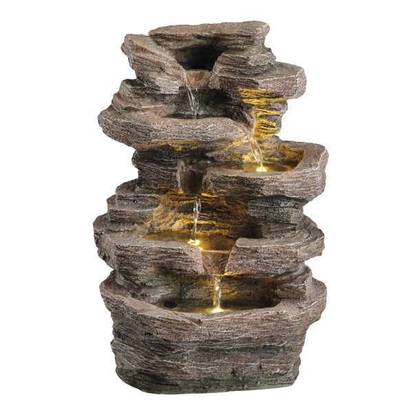 Brunnen - Gartenbrunnen mit Wasserfall - Polyresin - 3 warmweiße LED - H: 39cm - für Außen - natur