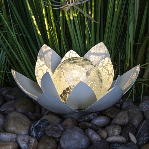 LED Solar Lotusblüte - Glaskugel in Crackle Optik - warmweiße LED - D: 27,6cm - Lichtsensor - creme