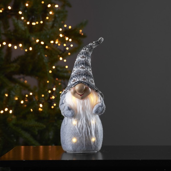 LED Stoff Wichtel mit Mütze - Weihnachtsmann - 6 warmweiße LED - H: 40cm - Batterie - grau