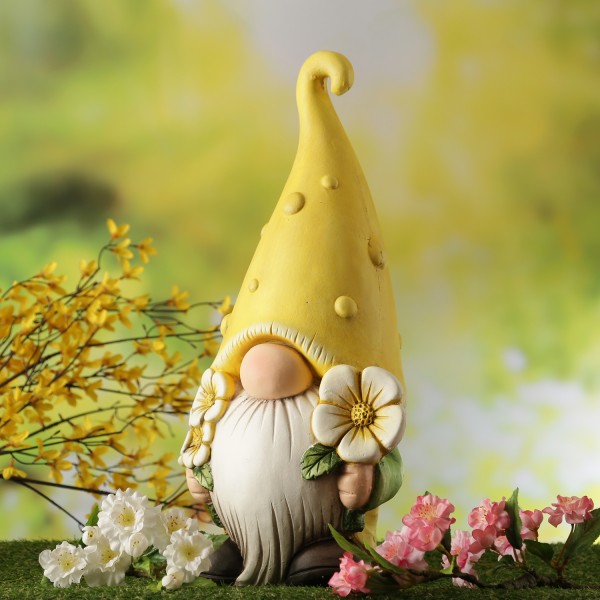 Gartenzwerg BERT - Zwerg mit gelber Zipfelmütze und Blumen - Gartenfigur - Polyresin - H: 45cm