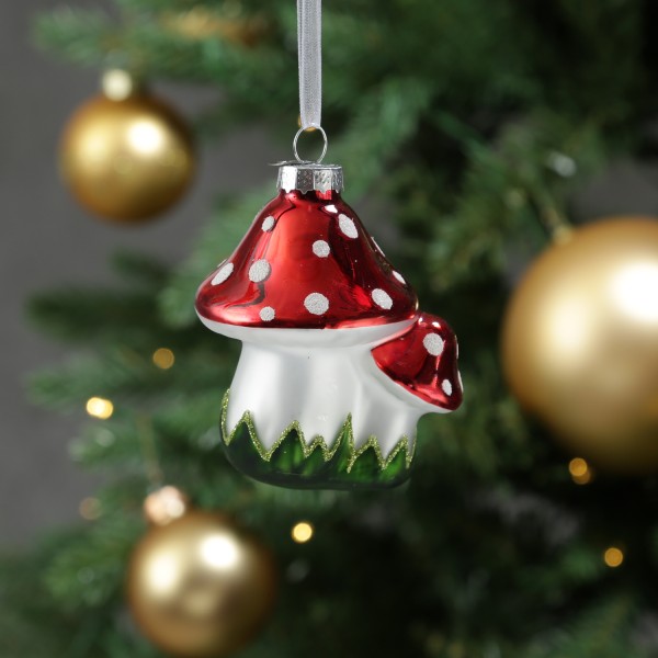 Weihnachtsbaumschmuck Fliegenpilze - Christbaumschmuck - Glas - H: 8cm - rot, weiß